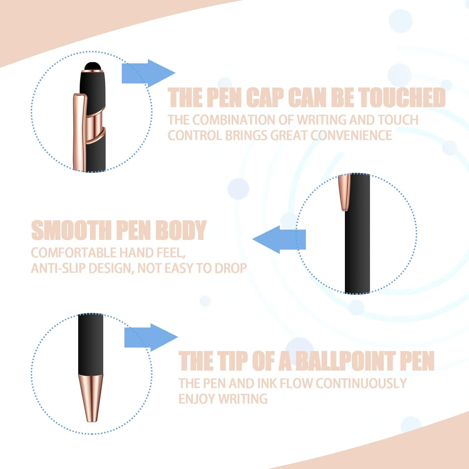 8 Pcs Blue Ink Ballpoint Pen with Stylus Tip 2 in 1 Stylus Ballpoint Pen Metal Pens Stylus Pen for Touch Screens School Office Coworkers (Black Rose Gold)