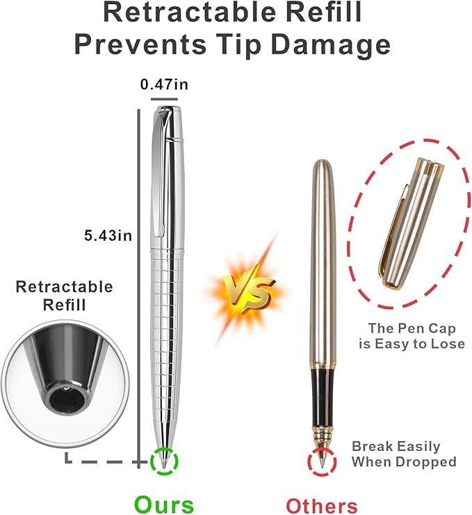 Cambond Ballpoint Pens Black Pens - Bulk Pens Metal Pen for Journaling Gift Business Men Police Flight Attendants 1.0 mm Medium Point Nice Pens, 3 Pens with 6 Refills (Sliver)