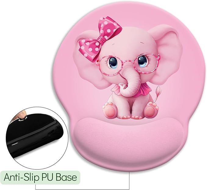 Pink Elephant Ergonomic Mouse Pad with Wrist Rest, Gaming Mouse Pad Wrist Support with Non-Slip Pain Relief PU Base, Cute Mouse Pads for Desk Work, Cute Pink Office Supplies Desk Accessories