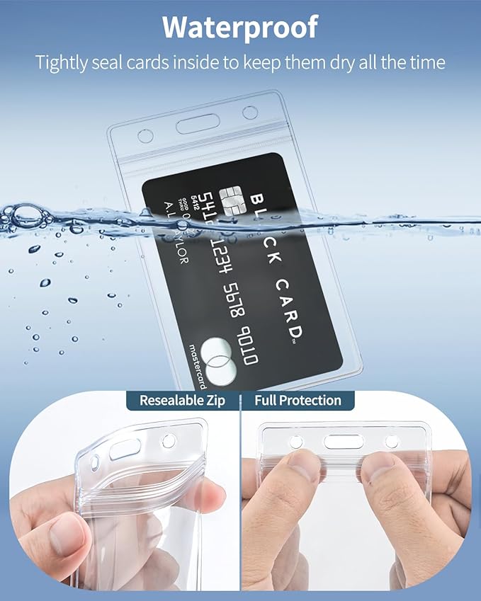 Pawfly 50 Pack Vertical ID Card Badge Holder Waterproof Clear Card Sleeve Case Cover Heavy Duty Card Protector Pouch with Resealable Zip for Proximity Key Card Driver’s License and Credit Card