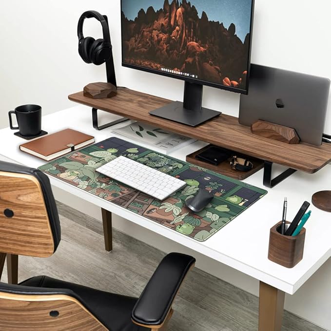 Cute Frog Kawaii Green Desk Decor Mat, Large Gaming Mouse Pad for Computer Keyboard Laptop, Home Office Accessories for Girl (31.5x15.7 in)-with Stitched Edges Pad