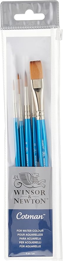 Winsor & Newton Cotman Short Handle Brushes, Set of 5, (Round 0, 2, & 6, Rigger 1, One Stroke 1/2")
