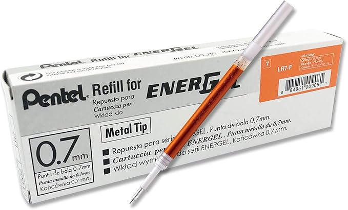 Pentel Refill Ink For EnerGel and Lancelot Gel Pen, (0.7mm) Metal Tip, Orange Ink, Pack of 12 (LR7-F)