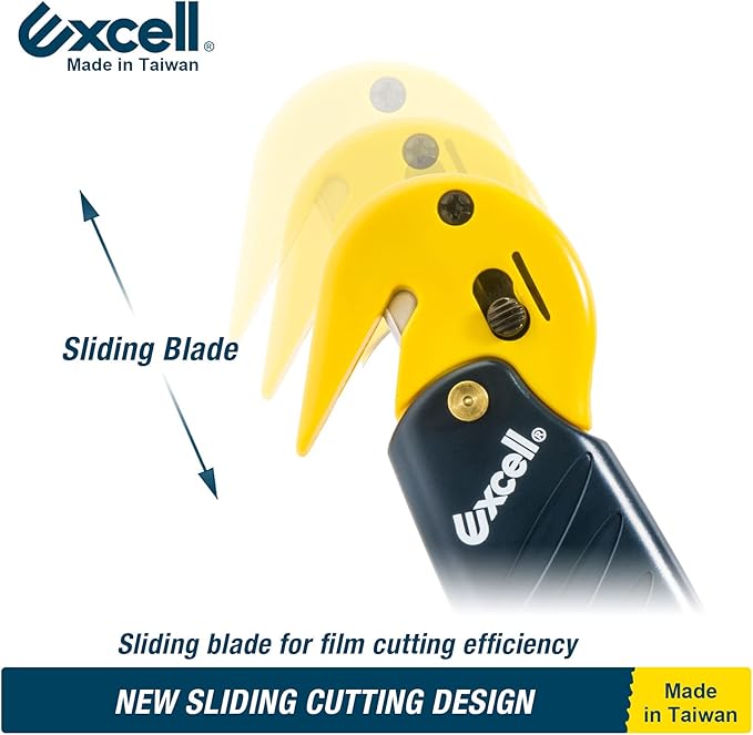 Excell Stretch Film Cutter with Carton Opener, Ergonomic Film Cutting Blade Safe and Efficient Cutting for Cryovac, Plastic Bags, Shrink Wrap, Box, Straps (W/Carton Opener)