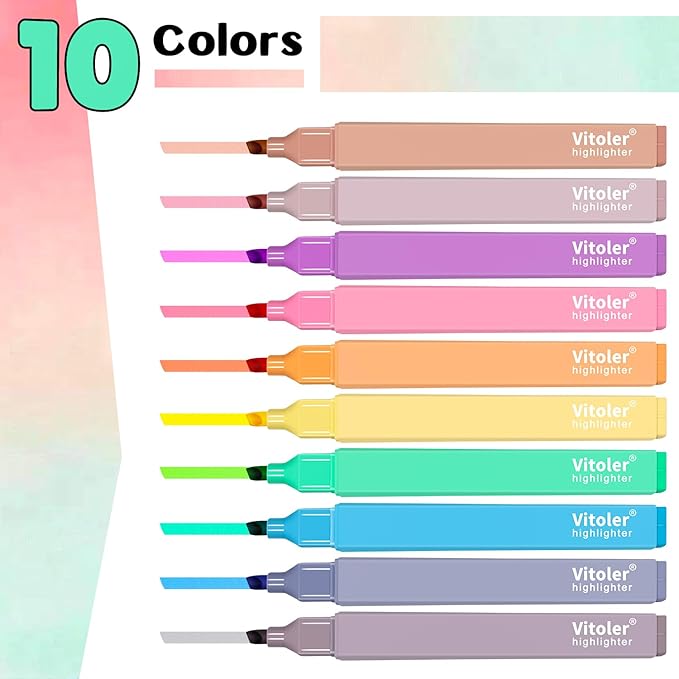 Vitoler 10Pcs Aesthetic Highlighters, Chisel Tip Marker Pens,Assorted Color Candy Highlighters,No Bleed Bible Highlighters,Cute Pastel Highlighters for Journaling Planner Notes School Supplies