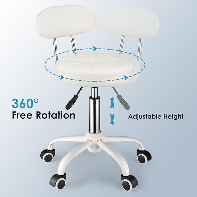 Swivel Rolling Stool with Wheels Height Adjustable Chair Rolling Drafting Chair Spa Stool Chair Backrest White