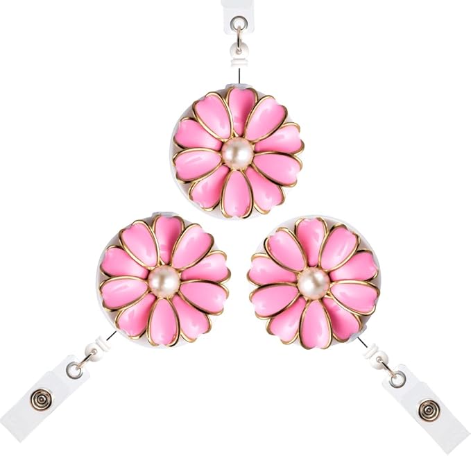 Retractable Badge Holder, ID Badge Reel with Pearl, 3 Pack (Pink)