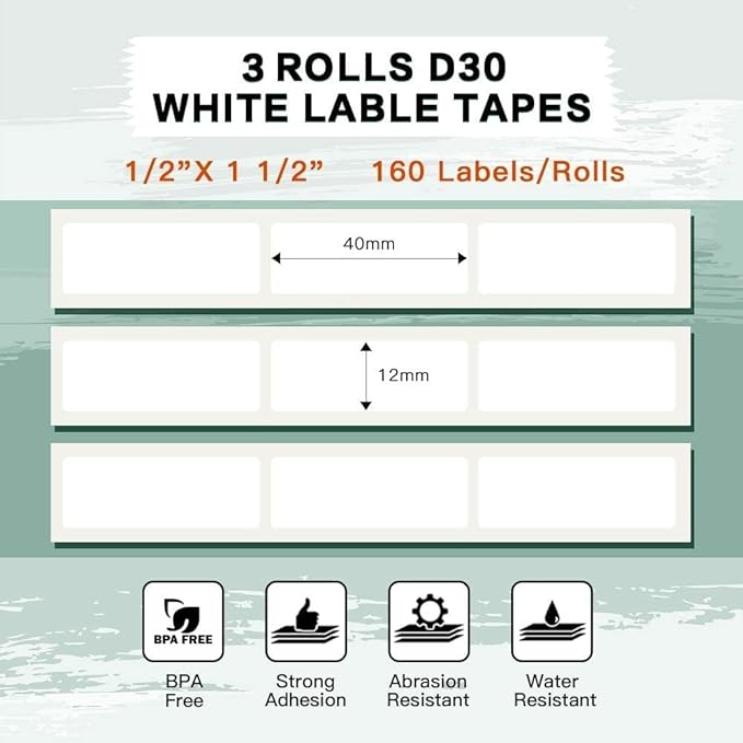 Phomemo Labels-D30 Adhesive Thermal White Label Paper 1/2" X 1 1/2" (12mm X 40mm) 160 Labels/Roll, Black on White, 3 Roll, for Home,Kitchen,School,Office,Gift,Organization