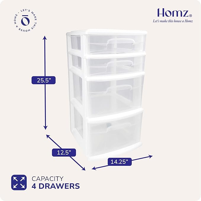 HOMZ 4-Drawer Plastic Storage Cart Organizer with Removable Wheels, White Frame