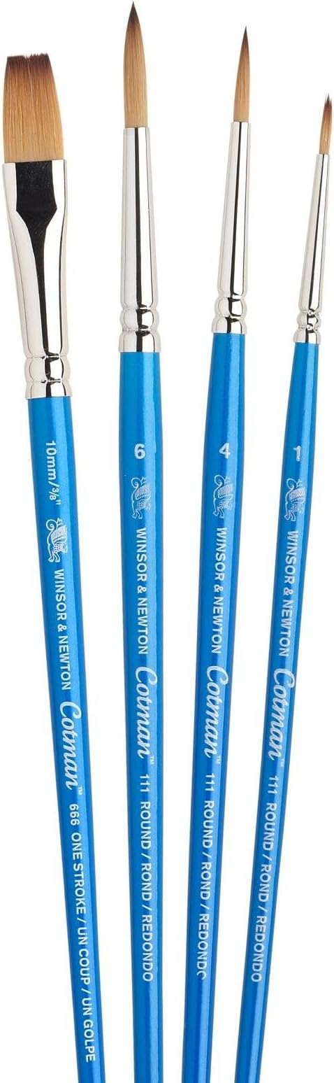Winsor & Newton Cotman Short Handle Brushes, Set of 4, (Round 1, 4, & 6, One Stroke 3/8")