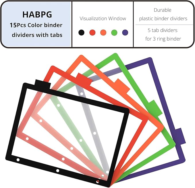 HABGP 15PCS/3 Set 3 Ring Binder Dividers with Tabs, Color Page Dividers for 3 Ring Binder with Tabs, 5 Tab Dividers, Clear Folder Dividers, Three Ring File Dividers with Tabs, Tabbed Index Dividers