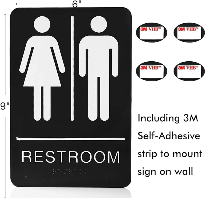 Self-Stick ADA Braille Unisex Restroom Signs for Woman and Man or Bathroom door Signs with Double Sided 3M Tape for Office or Business Bathroom and Toilet Door or Wall Decor 9”X6”