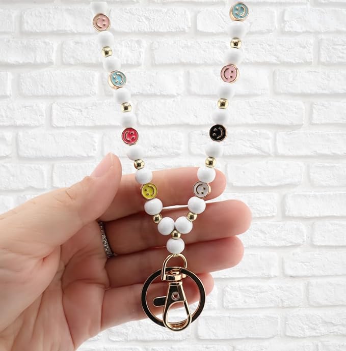 Smile Teacher Lanyard for Women ID Badges and Keychain Cute Happy Wood and Metal Beaded Lanyard Badge Holder