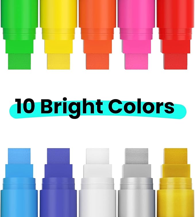 Chalkola Neon Car Window Markers - 10 Chalk Pens (with Gold, Silver) - 3 in 1 Nib, 15mm Jumbo Tip - Washable Liquid Chalk Markers for Blackboard, Chalkboard, Glass, Cars - Erasable Window Glass Pens
