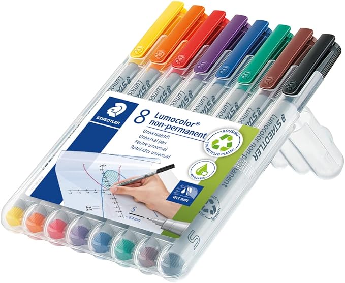 Staetdler Lumograph Non-Permanent Wet Erase Marker Pen, Low Odor Colored Markers, 8 Pack Assorted Colors, 311-WP8