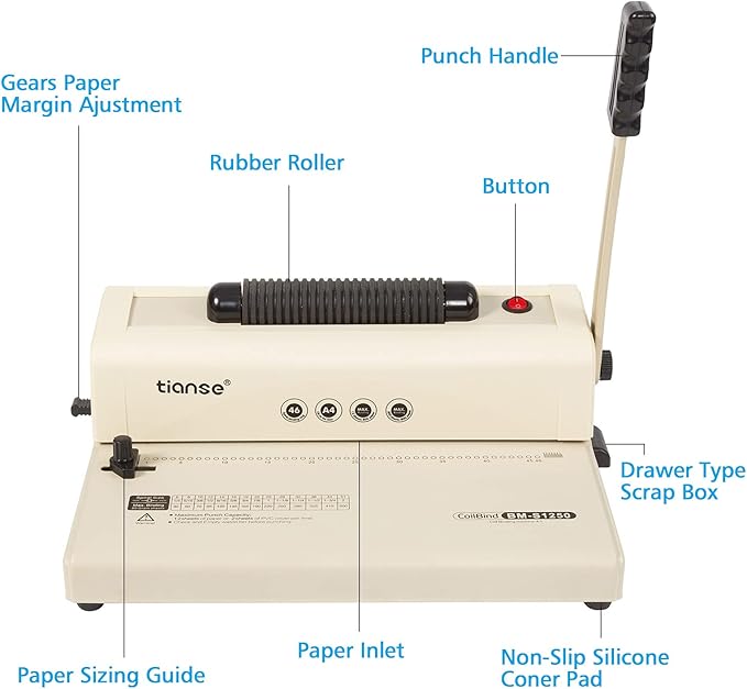 TIANSE Binding Machine, Spiral Coil Binder Machine, Electric Coil Inserter, 15 Sheets Punch Capacity, Suit for Letter Size / A4 / A5 Book Maker, with 100pcs 5/16'' Plastic Coil Binding Spines & Plier