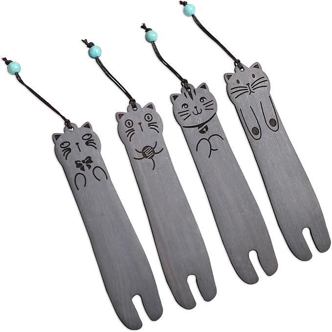 Wood Cat Bookmarks - Set of 4 Cute Bookmarks Aesthetic, Wooden Bookmarks Anime Cat Bookmark for Women Girl Kids, Kawaii Bookmark for Book Lover Cat Lover Friends Best Gifts (Black Sandalwood)