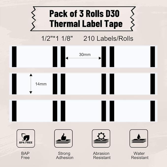 Phomemo D30 Label Tape, for D30 D35 Q30 Q30S Q31 Label Maker, Black on Transparent Clear Sticker Thermal Paper Self-Adhesive Label Maker Tape, 14mm x 30mm (0.55 x 1.18 Inch) 210 Labels/Roll, 3-Roll