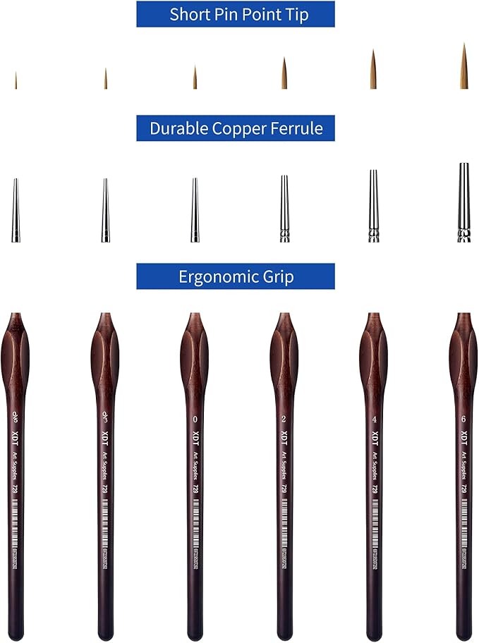XDT#729 Micro Pin Point Artist Paint Brush 6 Piece Set Triangular Handle #00000#000#0#2#4#6, Fine Detailing Painting, Scale Models, Acrylic Watercolor Oil