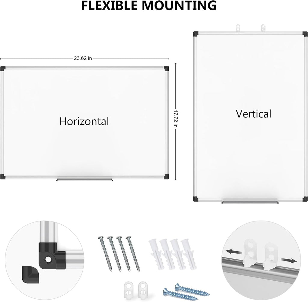 XBoard Magnetic Dry Erase Whiteboard 24 x 18 Inch, Small Hanging White Board for Wall with Marker Tray | Silver Aluminum Frame Presentation Board for Home Office Classroom (Pack of 2)