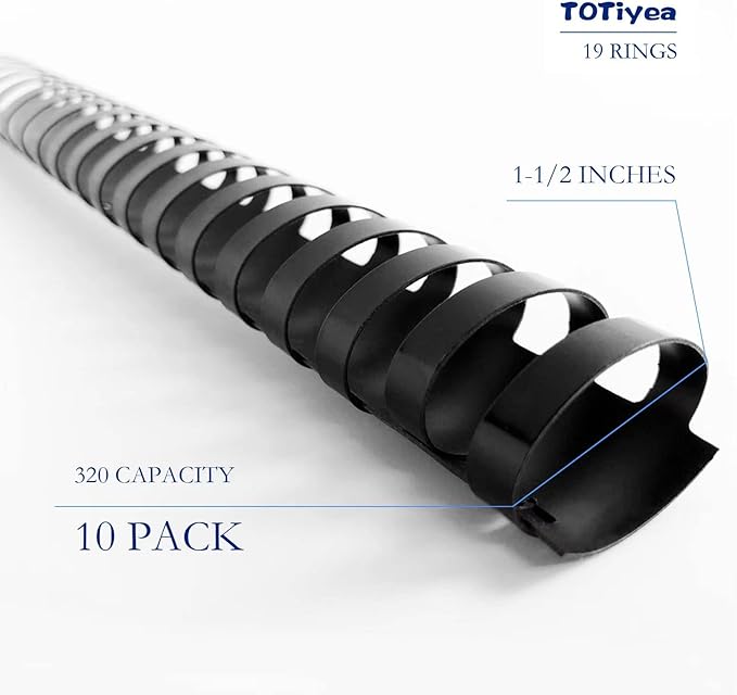 TOTiyea 19 Ring Plastic Binding Combs, 1-1/2 Inch Diameter, 320 Sheet Capacity, Letter Size, Black Comb Binding Spines (10 Pack)