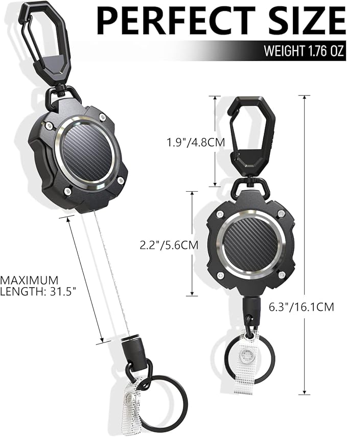 LIUGX Retractable Keychain, Heavy Duty Carabiner Key Chains, 10,000+ Rebound, Impact Resistance Tactical ID Badge Reel with 31.5” Wire Rope and Key Ring, Up to 8oz, Aluminum Ring, Carbon Fiber-Texture