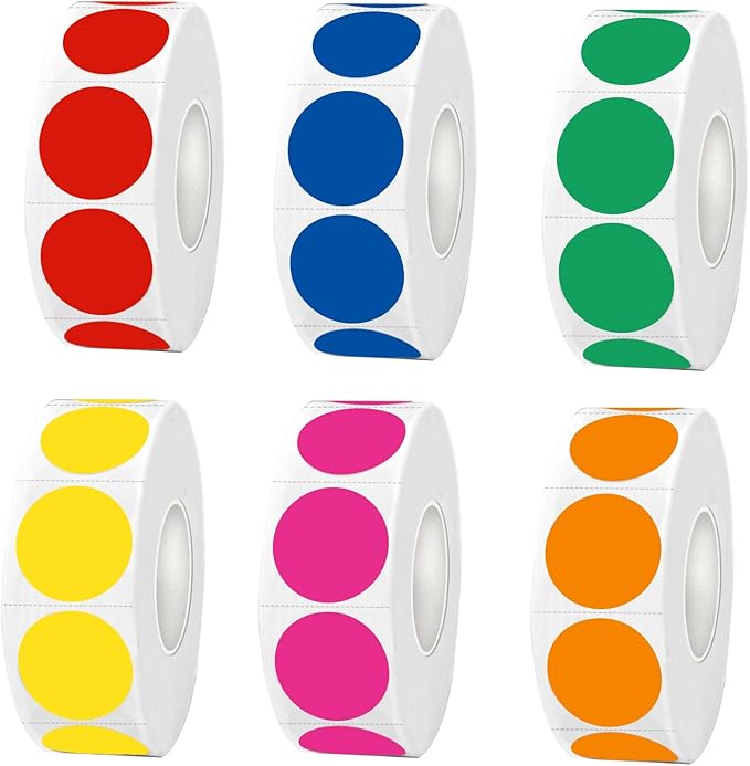 0.75 Inch Round Color Coding Labels,Laser and Inkjet Printable,Easily Writable with Perforation Line (6 Rolls,500 Labels Per Roll)