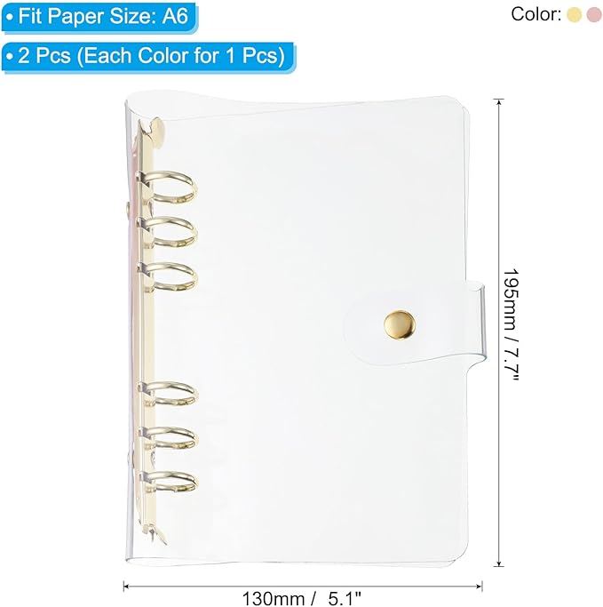 PATIKIL A6 Clear Binder Cover, 2Pcs Soft PVC Loose Leaf Binder Protector Refillable Notebook Shell with Snap Button Closure 6 Ring for DIY Meeting Notebook Folder,Gold Tone and Silver Tone