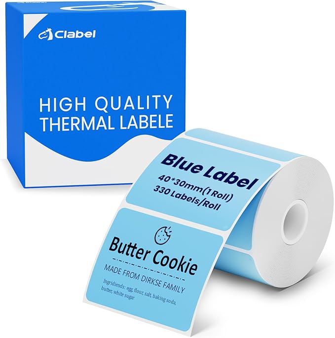 CLABEL Thermal Label 1.57'' x 1.18'' (40x30mm) Self-Adhesive Stickers for 220B/221B/230B Label Maker 330 Labels/Roll Black Text on Blue Paper in Stronger Waterproof Tear-Resistant for Business Home