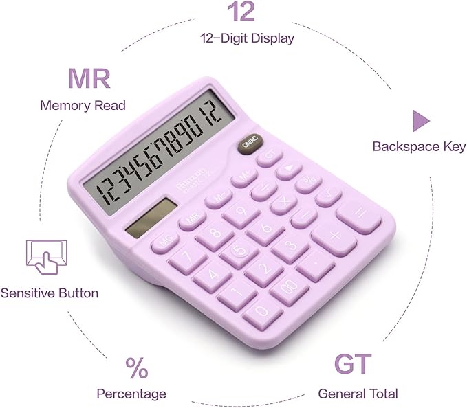 Purple Calculator, Basic Office Calculator, Desktop Calculator 12 Digit with Large LCD Display, Purple Office Supplies with Sensitive Button, Purple Desk Accessories, School Supplies……