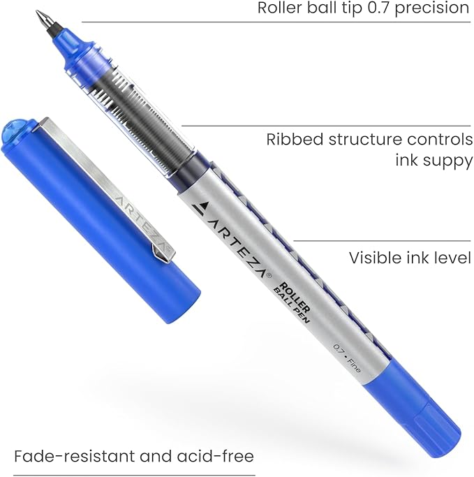 ARTEZA Rollerball Pens Pack of 20, 0.7mm Blue Liquid Ink Pens for Bullet Journaling Fine Point Rollerball