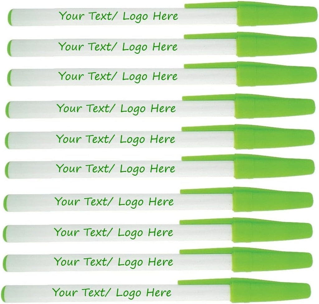 Personalized Stick Pens With your Custom Logo or Text-500 Pack Bulk-for Businesses, Parties, and Events, Custom Printed Slim Ballpoint Pens with Cap, Light Green, Black Ink
