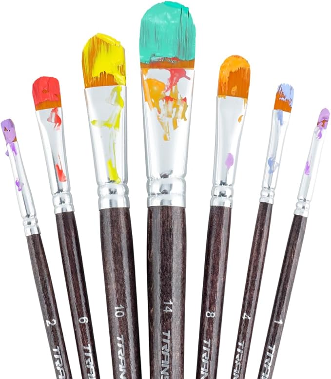 Transon 7pcs Artist Filbert Paintbrush Set for Acrylic Watercolor Gouache Oil and Body Painting