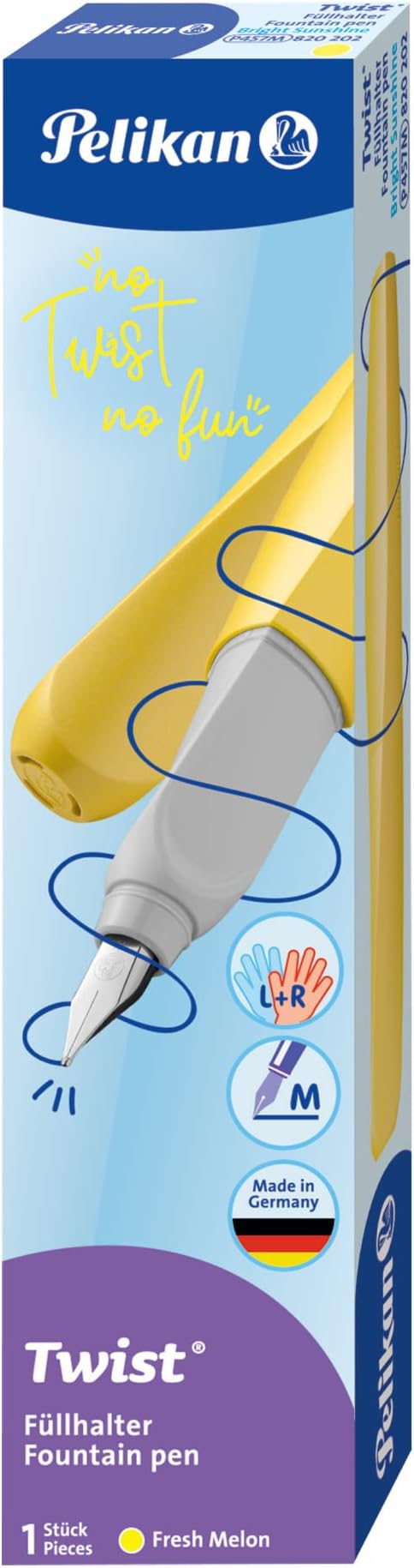 Pelikan Twist Fountain Pen with 1 Ink Cartridge, Medium Nib, Bright Sunshine, Boxed (820202)