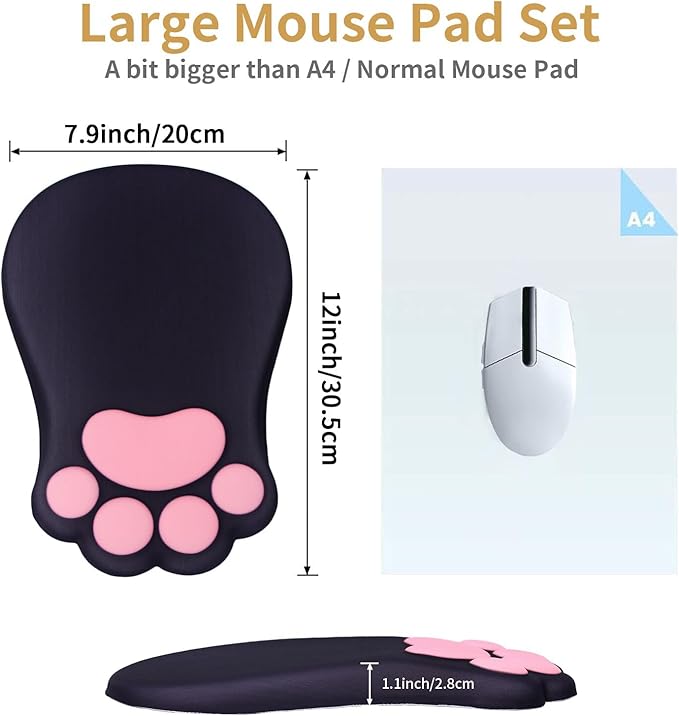 Ergonomic Mouse Pad with Wrist Rest,Cute Cat Paw Mousepad Wrist Support,Comfortable Massage Design Computer Pain Relief Mouse Pad with Non-Slip PU Base for Desk Laptop Gaming Office,Black