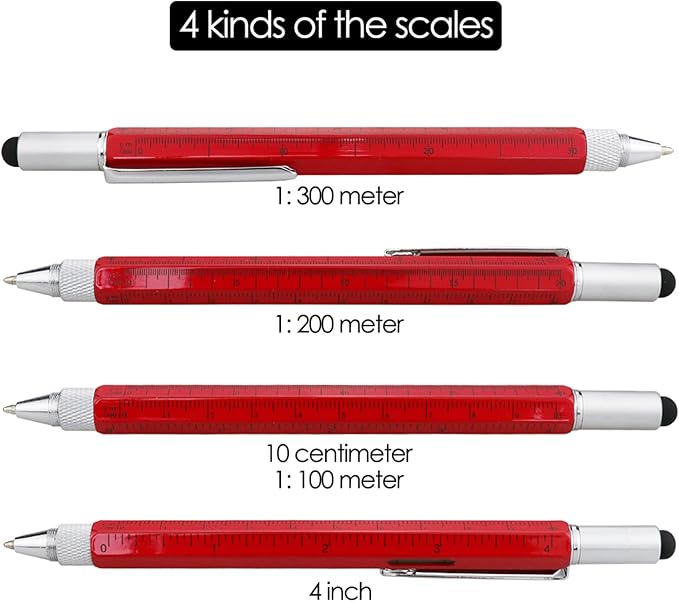 HeTaoCat Gifts Multi Tech Tool Pen 6 in 1 Stylus Pen - Screwdriver Pen with Ruler, Levelgauge, Ballpoint Pen Black ink (Red)