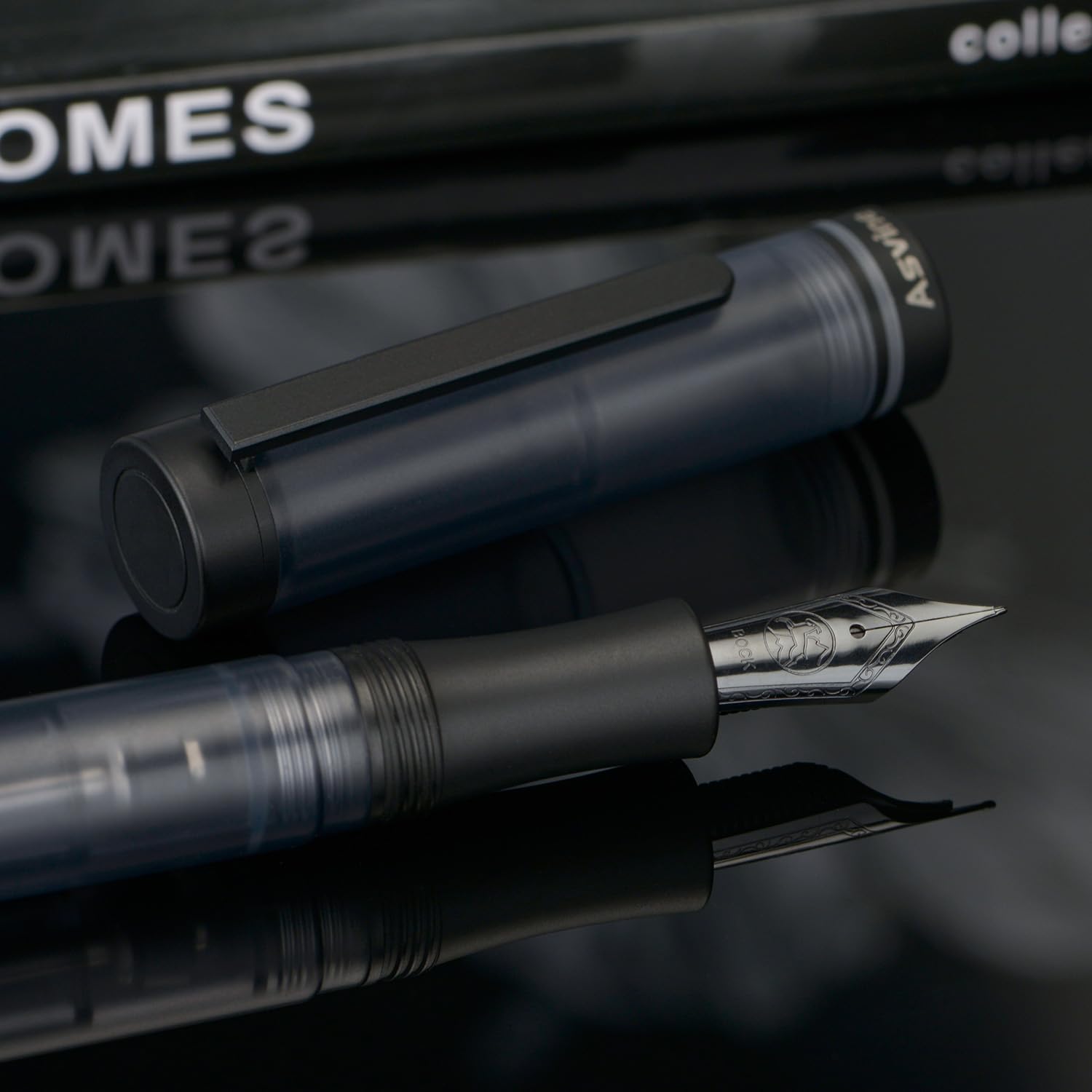 Asvine V200 Titanium Fountain Pen Vacuum Filling, Matte Black Bock Medium Nib Transparent Acrylic Smooth Writing Pen Case Set