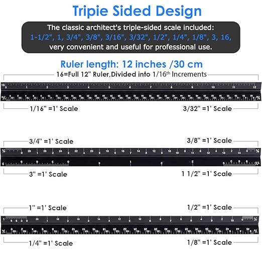 Architectural Scale Ruler,12" Aluminum Architect Triangular Ruler Engineers Ruler,Construction rulers for Architects, Blueprint,Students, Draftsmen and Engineers by Soraco(Black)