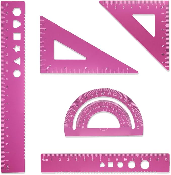 5 Pcs Metal Geometry Set, Math Drafting Ruler Kit- Aluminum Triangle Rulers, Protractor, 8 Inch and 6 Inch Drawing Ruler, Measuring Tool for School and Office Supplies (Light Pink)