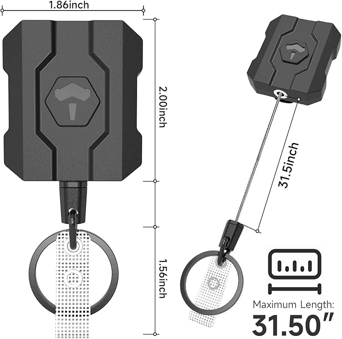 Retractable Keychain Badge Holder with Belt Clip, Heavy Duty Carabiner ID Badge Clip Reel, 32” Steel Retractable Cord, 10 oz Rebound，1pcs Black Belt Clip