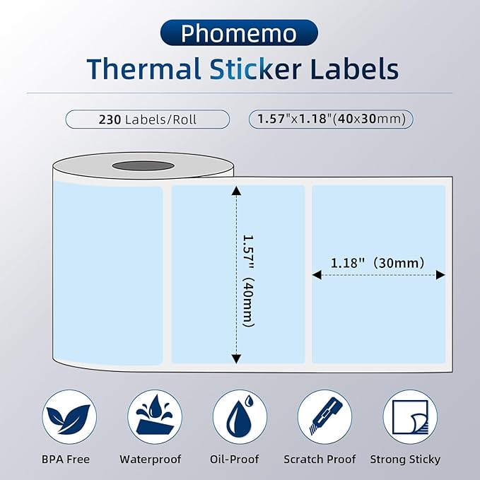 Phomemo Thermal Labels for M110/M120/M220/M150/M250/M221 Label Maker, Self-Adhesive Thermal Label 1.57"x1.18"(40x30mm),230 Labels/Roll, for Barcode,Address, Name, Blue