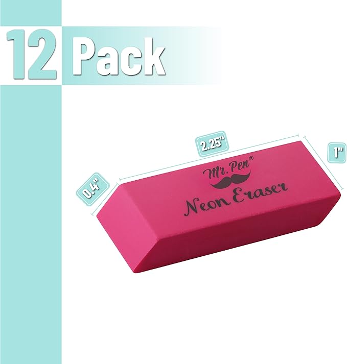 Mr. Pen- Pencil Eraser, 12 Pack, Neon Colors, Pencil Erasers for Drawing, Artist Eraser Pencil, Colorful Erasers for Kids