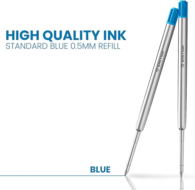 BASTION® Premium Pen Refill, Deeply Pigmented Ink for All Bastion Bolt Action Luxury Pens, Standard Ink Refill with 0.55mm Fine Tip - Blue, 2 Pieces