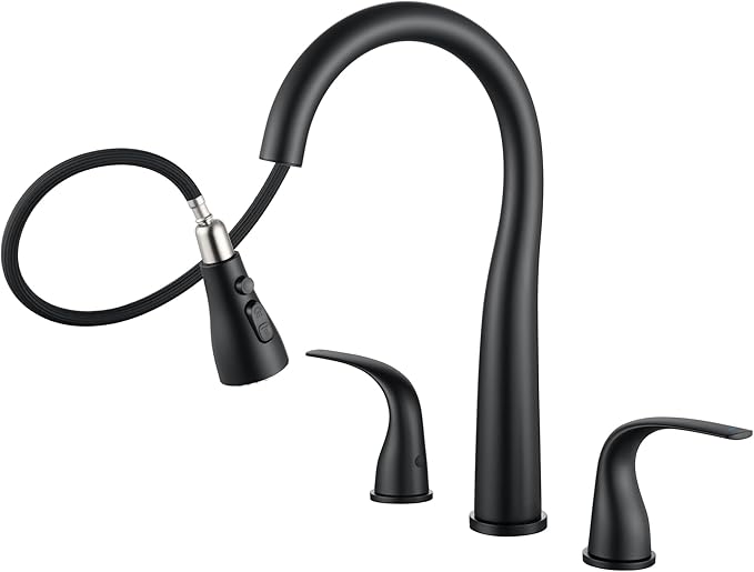 Black Kitchen Faucet 3 Hole with Pull Down Sprayer, 2-Handle High Arc Kitchen Sink Faucet with 3 Function Spray, Stainless Steel, T-3005B