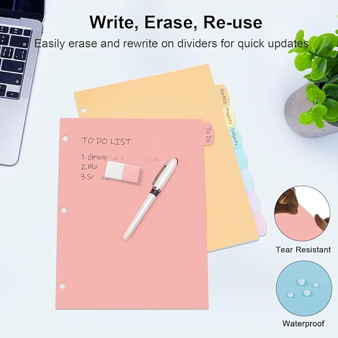 24 Count/3 Sets Write & Erase Binder Dividers with Tabs, Durable Plastic 8 Tab Dividers for 3 Ring Binder Letter Size, Separators for Student School Home Office Document Organizer, Pastel