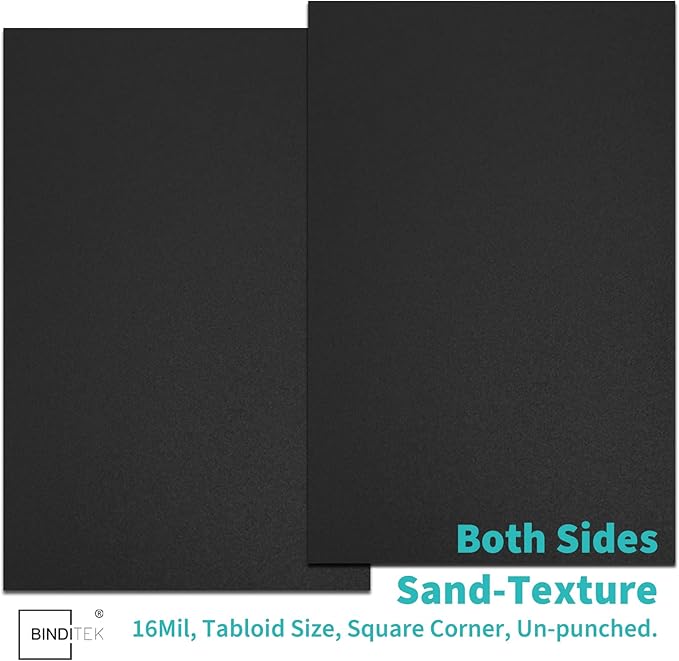 Binditek 50 Pack 16 Mil Sand-Textured Polycover, 11 x 17 Inches Binding Front and Back Covers, Lightly Textured Sand Finish, Heavyduty Binding Presentation Covers for Business Reports, Tabloid, Black