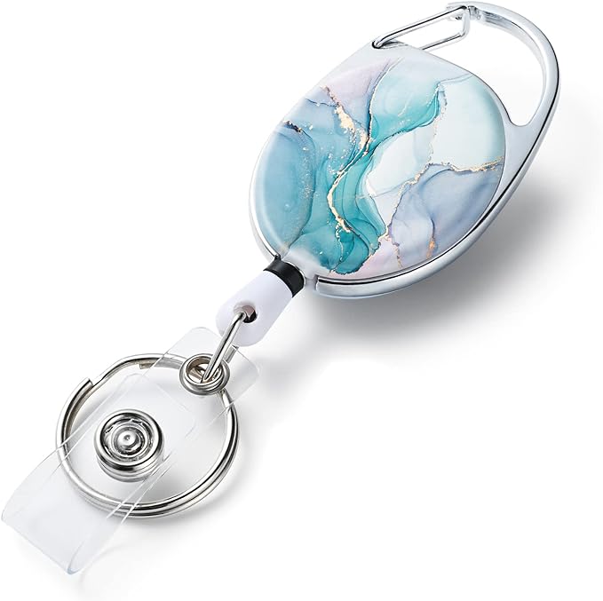 Badge Reels Retractable，Double Sided Color Print Pattern Retractable Badge Holders，with Retractable Keychain, Badge Clip and Key Ring，Durable Nylon Retractable Rope，Green Marble