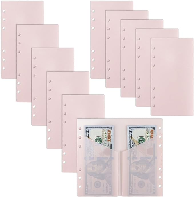 A6 Binder Pockets with No Zipper, Koqye Blue 10 Pcs Plastic Zipless Budget Envelopes, Two Pockets Frosted Cash Envelopes Money Bag for Budgeting, Cash Stuffing (Light Pink - 1 Set)