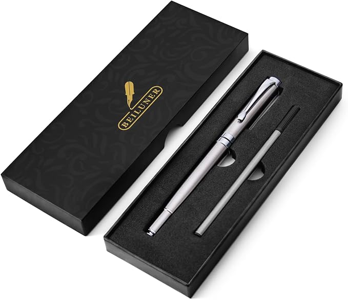 BEILUNER Silver Ballpoint Pens, Stainless Steel Body, Smooth Writing Experience, Dishwasher Safe, Gift Box with Extra Refill
