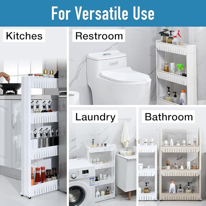 Slim Rolling Storage Cart 4 Tier, Small Plastic Kitchen Laundry Room Cart, Mobile Storage Organizer Shelves, Utility Cart Tower Rack for Bathroom Bedroom (White)